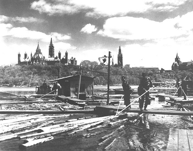 Tri des billes de bois acheminées à l’usine de pâte chimique de la compagnie E.B. Eddy sur la rivière des Outaouais, à Hull, vers 1946. De nos jours, il s’agit de l’emplacement du Musée canadien d’histoire.